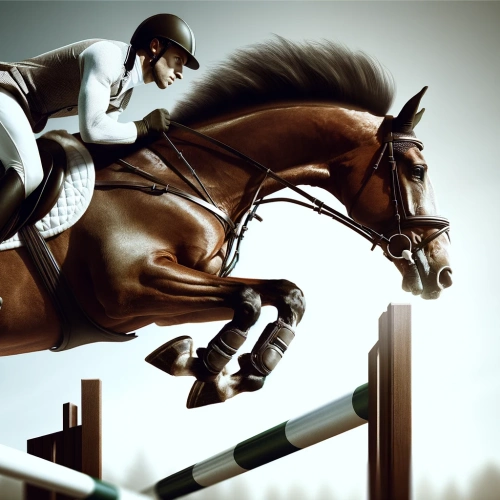 Cavalier en uniforme blanc effectuant un saut d'obstacle avec un cheval marron