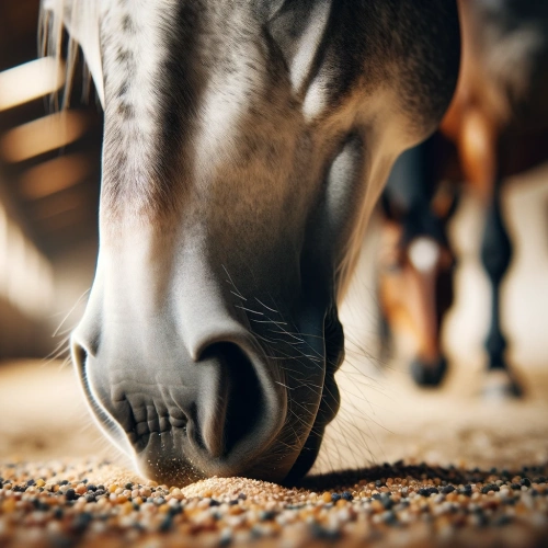 Museau d'un cheval se délectant délicatement de grains sur le sol