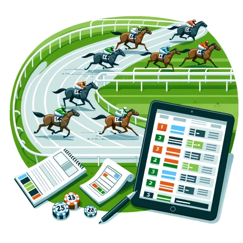 Une illustration qui représente dess chevaux sur un champ de courses et une tablette avec des paris multiples affichés dessus 